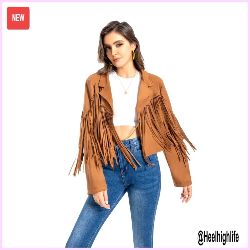Fringe Faux Suede Leather Jacket Cropped Western Moto Top